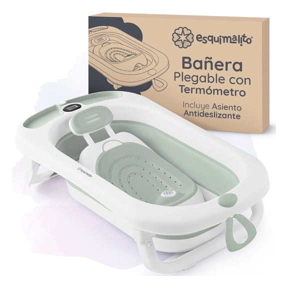 Bañera para Bebé con Termómetro Esquimal, Tina de Baño Plegable con Asiento Antideslizante Verde