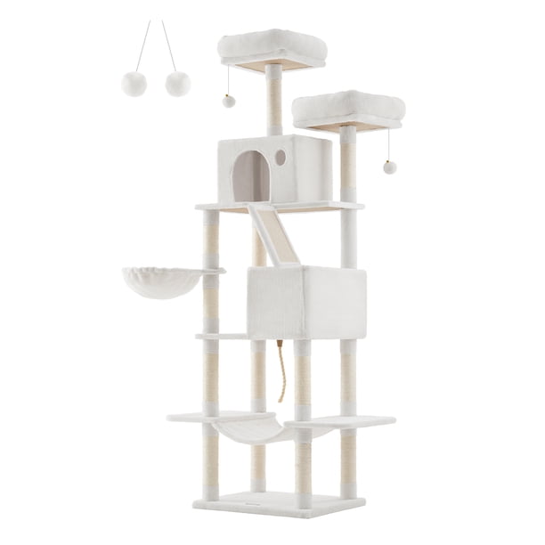 Feandrea Árbol para Gatos de 206 cm de Altura, Torre de Gatos con 13 Poste, 2 Cuevas, 2 Plataformas, Cesta, Pompón, Hamaca, Blanco Crema