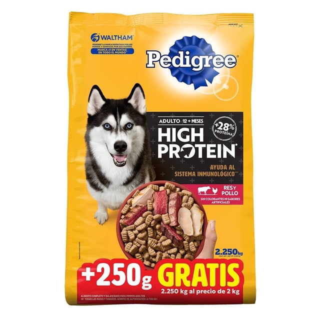 alimento seco para perro pedigree high protein 2 kg + 250g para adulto paquete frontal amarillo con logo Pedigree y texto "High Protein"; muestra un husky, rótulo "+28% proteína", primer plano del croquetón con trozos que representan res y pollo, indicación 2.250 kg y leyenda "+250 g gratis". A menudo usado como opción de alta proteína para perros adultos activos.