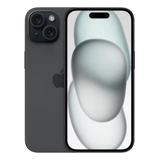 smartphone apple iphone 15 128gb negro sim híbrido apple iphone 15 Vista centrada frontal y trasera del iPhone 15 en negro; pantalla Super Retina XDR de 6.1" con Dynamic Island visible en el bisel superior, carcasa de aluminio con vidrio con infusión de color, módulo trasero con lente gran angular de 48 MP y teleobjetivo 2x, doble cámara y flash, conector USB-C. A menudo se utiliza también para transferir y cargar otros dispositivos móviles.