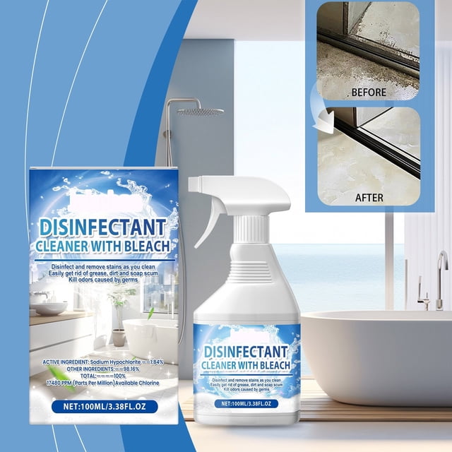 antibacterial surface cleaning spray 100ml – quick-drying no-rinse sanitizer | multi-purpose portable cleaner | powerful disinfectant | fast-action formula for home office travel. Vista frontal de un envase spray blanco de 100 ml con gatillo y cuello acanalado, etiqueta azul con gráficos de salpicadura y texto de desinfectante; incluye caja de empaque con la misma etiqueta y un recuadro antes/después de limpieza de vidrio. Sobre un mostrador de baño desenfocado para contexto doméstico. También es adecuado como limpiador de viaje para superficies y manos cuando se requiere limpieza rápida.