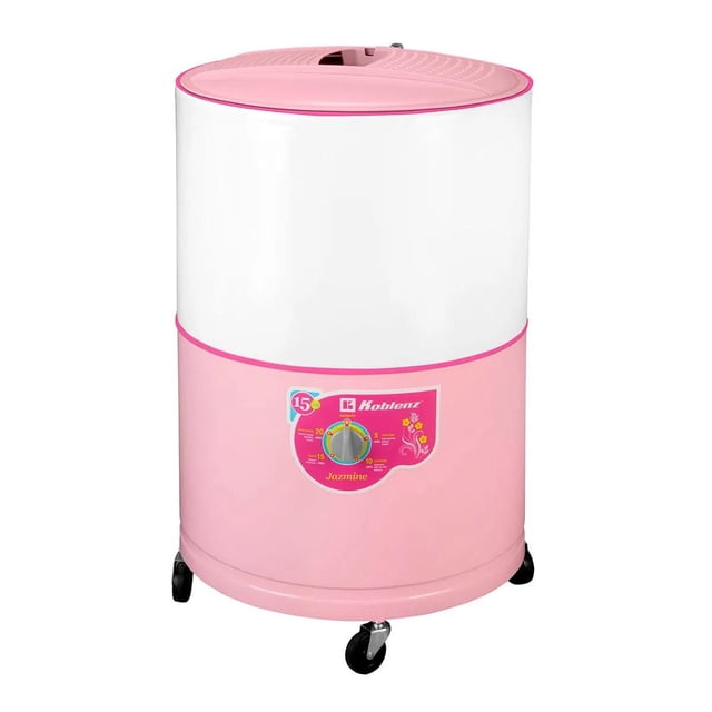lavadora koblenz lrk-16r jazmine 16 kg Rosa de carga superior; vista frontal centrada de tambor cilíndrico con cuerpo rosa y tapa blanca, panel frontal con selector giratorio y gráficos de programas, agitador de 3 aspas en espiral según especificaciones, base con ruedas; dimensiones aproximadas 83 x 60 x 60 cm. A menudo usada para cargas grandes de ropa doméstica.