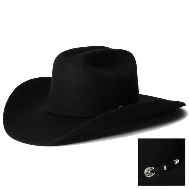 sombrero vaquero stetson sbcral-7540 buffalo 4x fieltro negro talla 7 1/8 — Vista 3/4 frontal de sombrero Stetson en fieltro negro Buffalo 4X con corona cattleman de 4 3/4" y ala de 4", banda interior de cuero y hebilla decorativa plateada en primer plano; a menudo usado como accesorio western y adecuado para eventos al aire libre.
