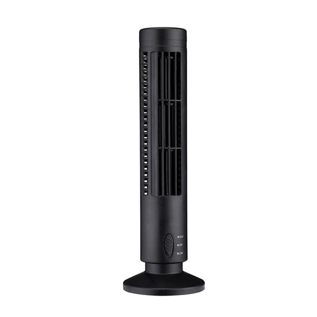 ventilador de torre, mini ventilador de torre sin aspas usb, ventilador de pie, rendimiento finamente sintonizado negro; vista frontal centrada de torre vertical compacta sobre base circular con rejilla vertical y panel de control con botones para 2 engranajes, material plástico ABS, entrada 5 V 0,5 A, incluye cable USB y almohadilla EVA, tamaño aprox. 330x105x60mm; también apto para refrescar espacios de escritorio o equipos electrónicos pequeños.