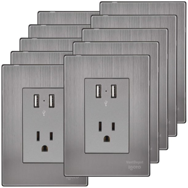 Contacto de Pared USB A Inoxium2U1CSilver 10Pzas USBx2/Contacto 110/125-250VCA 15A 50/60Hz 5VDC 2.1A Plateado Acero Inox