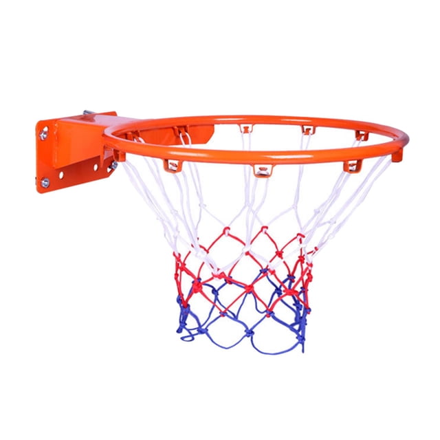 juegos al aire libre del borde del baloncesto sunnimix aro de baloncesto. Vista 3/4 frontal de aro metálico naranja con acabado con recubrimiento en polvo y placa de montaje con 4 orificios y tornillos visibles, red de nylon roja-blanca-azul, especificado en diámetro 35 cm o 45 cm, incluye inflador y 4 tornillos; montaje en puerta o pared, suele usarse como juego de práctica para niños pequeños.