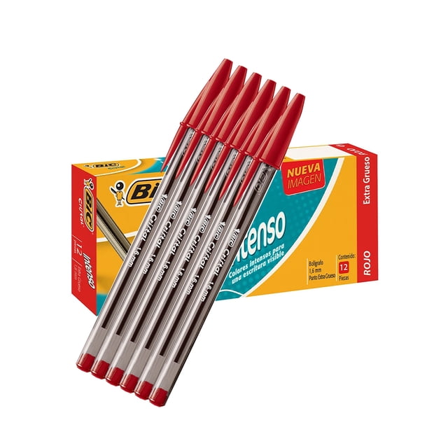bolígrafo bic cristal extra grueso tinta rojo 12 piezas bic Paquete de 12 bolígrafos BIC Cristal extra grueso con cuerpo transparente hexagonal, tapa y extremo rojos y punta visible; dispuestos en abanico frente a la caja amarilla y roja con logotipo BIC y rótulos "intenso" y "extra grueso". Su tamaño y punta los hace adecuados para notas rápidas y bocetos cotidianos.