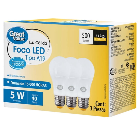 Foco Led Tipo A 5W 3 Pack Luz Cálida