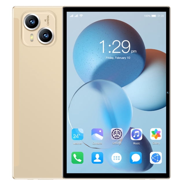 android tablet 10 pulgadas 2 + 32gb android 12 con llamadas hd de tarjeta sim 256g, pantalla hd ips de 10.1 pulgadas bluetooth wifi 5g / 2.4g app para computadora de pc Vista frontal y trasera de tablet dorada de 10.1" con pantalla IPS 1280x1080 que muestra la interfaz Android; marco metálico y bordes delgados, doble cámara trasera en módulo circular y cámara frontal en el bisel superior. Botones y puertos visibles en el borde, dimensiones 24.5x16.6x0.9 cm, compatible con NanoSIM 4G/3G, WiFi 2.4G/5G, Bluetooth y almacenamiento ampliable hasta 256GB; a menudo se usa también como navegador GPS portátil.
