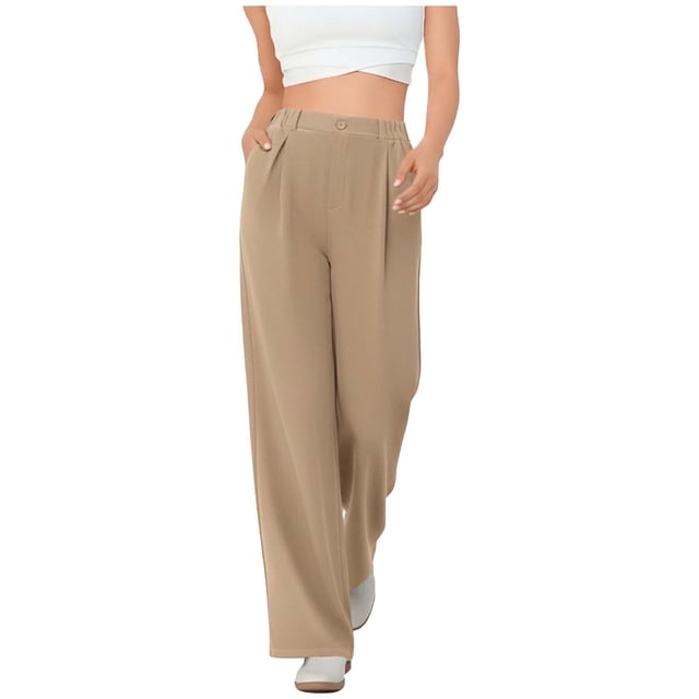 Amzcrzy Pantalones Vestir Mujer Color Liso S-2XL - Cintura Alta Elástica, Pliegues Frontales, Sin Cremallera, Bolsillos, Para Trabajo Marrón