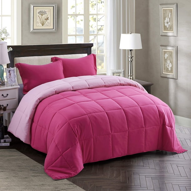 Juego de edredón HIG Pink Queen Size reversible para todas las estaciones