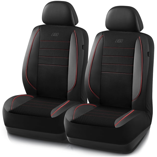 fundas de asiento de coche skechers de espuma viscoelástica refrigeradas por aire, color rojo — par de fundas delanteras con espuma viscoelástica Skechers y malla Air-Cool, superficie de cuero sintético negro con ribetes y costuras rojas, diseño de 3 paneles compatible con bolsas de aire y ajuste universal para autos, camionetas y SUV; se muestran dos cubiertas frontales con reposacabezas. Adecuadas también para renovar asientos usados sin reemplazar la tapicería original.