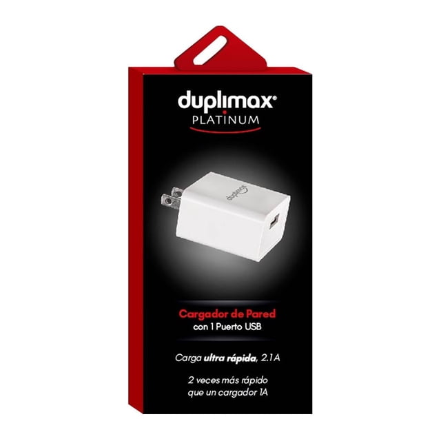 cargador de pared duplimax platinum carga ultra rápida blanco — Vista frontal centrada de cargador de pared compacto blanco con puerto USB-A visible sobre empaque negro y rojo con logo Duplimax Platinum; el empaque indica carga ultra rápida 2.1A y '1 Puerto USB', adecuado para accesorios celulares y carga portátil; también suele usarse para mantener power banks pequeños listos durante viajes.