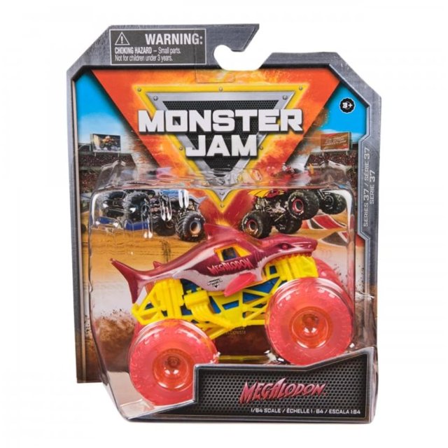 monster jam, monster truck megalodon oficial, vehículo fundido a presión, escala 1:64, juguetes para niños a partir de 3 años Empaque frontal visible: camión Megalodon con carrocería en forma de tiburón roja con el texto "MEGALODON", chasis amarillo, llantas translúcidas naranjas, detalles de suspensión y logo Monster Jam en la parte superior del blister; apto para exhibición o juego y a menudo usado para colecciones o dioramas.