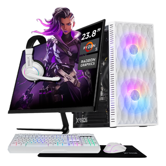 Computadora Escritorio Completa Xtreme PC Gaming AMD Radeon Vega 11 Ryzen 5 3400G 16GB SSD 1TB Monitor 23.8 75Hz WIFI White gaming ligero, oficina, estudio y hogar