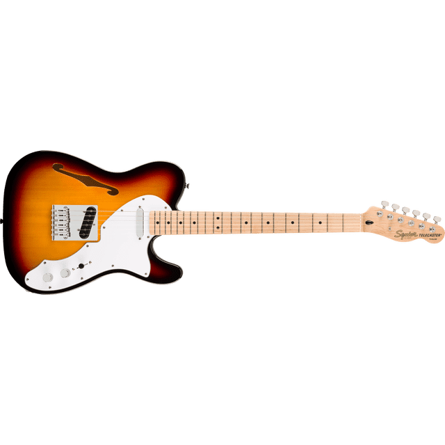 guitarra eléctrica squier by fender affinity telecaster thinline - sunburst frontal 3/4, Telecaster Thinline de cuerpo semi-hueco con acabado sunburst degradado, diapasón de arce claro, pala con logo Squier, golpeador blanco, puente Tele y pastillas de diseño clásico visibles; fondo negro. Ideal para rock, blues y country y uso en estudio o escenario. También suele usarse para grabaciones caseras y prácticas de viaje por su construcción ligera.