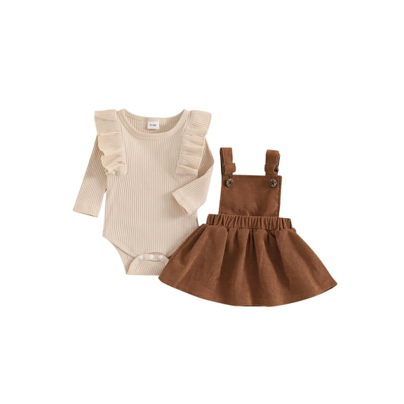 Conjunto de otoño para bebé niña: pelele liso de manga larga con volantes y cuello redondo, y falda de pana con tirantes (2 piezas).