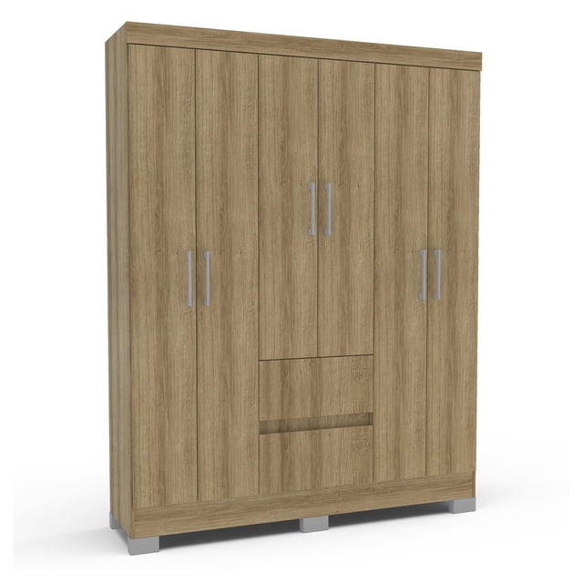 ropero closet 6 puertas y 2 cajones color miel mobi — vista frontal del ropero 6 puertas con 2 cajones en lámina color miel, silueta rectangular con tiradores metálicos verticales, dos cajones centrales y patas bajas; diseñado para dormitorio con estantes internos y barral para colgar, también apto para guardar ropa de temporada y ropa de cama.