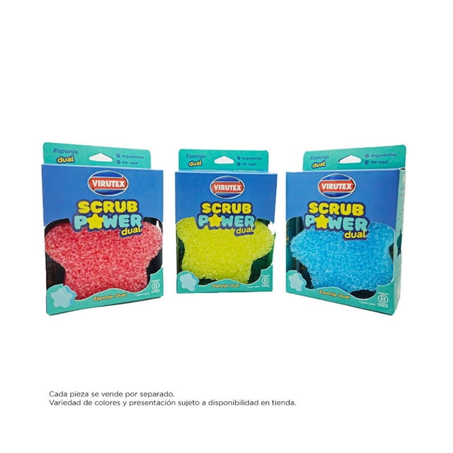 esponja dual virutex scrub power 1 pieza Multicolor — Caja frontal con esponja en forma de estrella visible; empaque azul y verde con logo Virutex, esponja texturizada (roja) diseñada ergonómicamente para limpieza y fregado diario, no raya; también adecuada para llevar en kit de limpieza de viaje.