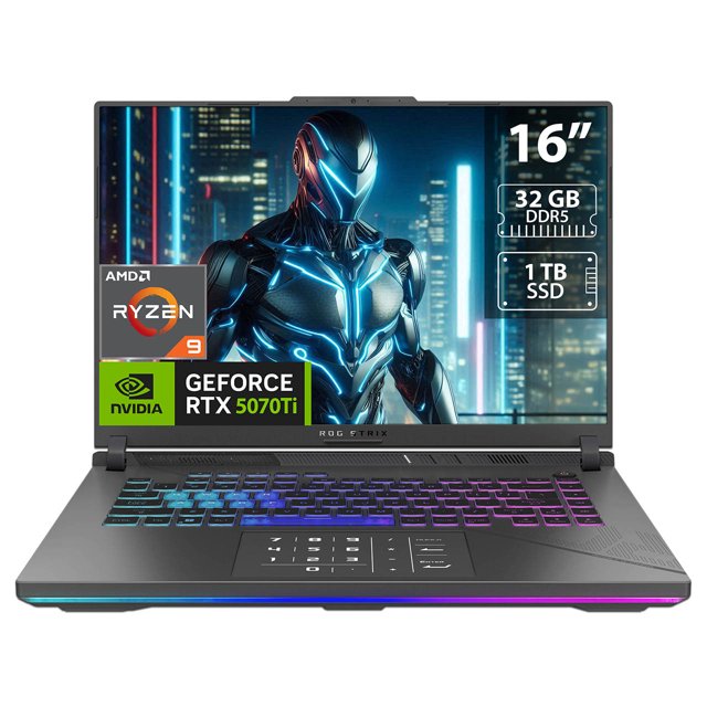 laptop gamer asus rog strix g16: amd ryzen 9 9955hx, ram 32gb ddr5, ssd 1tb, pantalla 16" rtx 5070 ti windows 11 home — vista frontal centrada del portátil gris con pantalla de 16" que muestra gráficos futuristas; teclado en inglés RGB, touchpad con pad numérico, logotipos de AMD Ryzen y NVIDIA GeForce RTX visibles. Adecuado para ejecutar motores de juego y desarrollo creativo.
