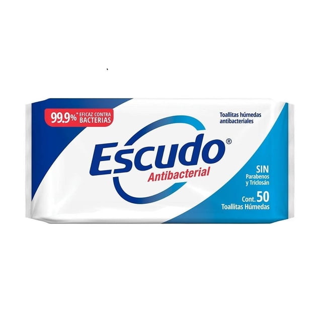 toallitas húmedas escudo antibacterial 50 pzas paquete frontal blanco y azul con logo Escudo y texto 'Antibacterial', 'SIN parabenos y triclosán' y 'Cont. 50', envase portátil para limpieza de manos en uso diario; también suele emplearse para limpiar pequeñas superficies en traslado.