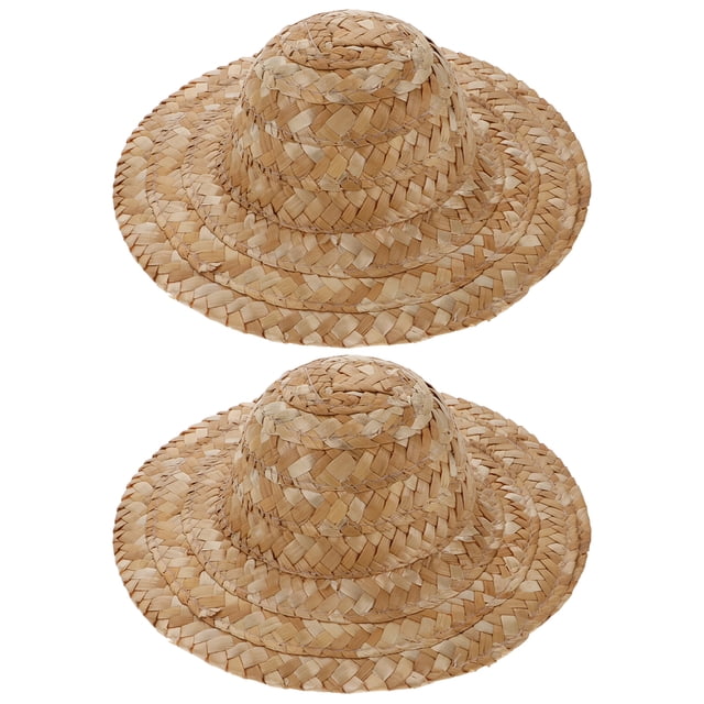 2 sombreros de paja tejidos en blanco que se pueden pintar con colores, sin terminar, para niños — par de sombreros beige sin pintar en vista frontal centrada; copa redondeada y ala ancha trenzada, textura de paja visible, tamaño aproximado 15x15x6 cm; aptos para actividades DIY y para decorar habitaciones.