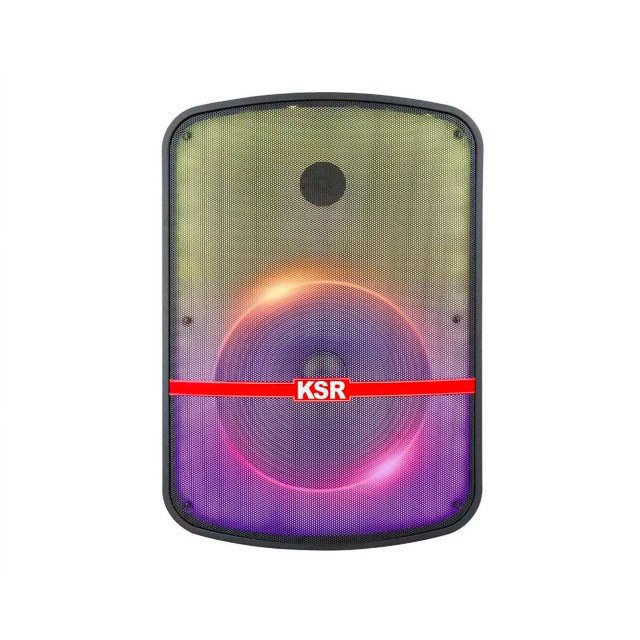 bafle ksr premium 15" 30,000watts recargable portatil krs link con microfono msa-7515sc kaiser msa7515sc bafle negro, vista frontal centrada con rejilla iluminada LED en tonos púrpura y naranja alrededor del cono; banda roja con logotipo KSR en el centro y tweeter arriba; carcasa rectangular de esquinas redondeadas. Especificado con Bluetooth, KSR-LINK y entradas de 6,3 mm para micrófono/guitarra; a menudo usado también como monitor portátil para pequeñas presentaciones.