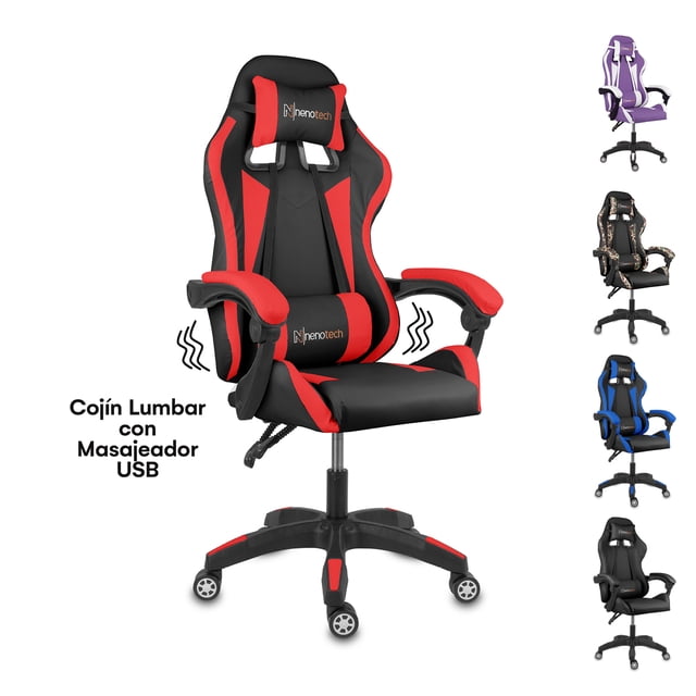 silla gamer ergonomica nenotech reclinable roja NENOTECH, vista frontal 3/4; respaldo alto envolvente y asiento con espuma de alta densidad, cojín lumbar con masajeador y cable USB, reposabrazos acolchonados unidos al respaldo, acabados en cuero PVC rojo y negro, base de 5 puntas con ruedas y pistón elevador (hasta 100 kg), respaldo reclinable a 135°. También es adecuada para largas jornadas de home office por su soporte lumbar.