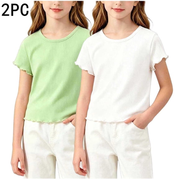Paquete de 2 Playeras para Niñas, Blusas de Manga Corta con Volantes, Playeras Sueltas Casuales de Color Sólido con Cuello Redondo Verde 3 Años