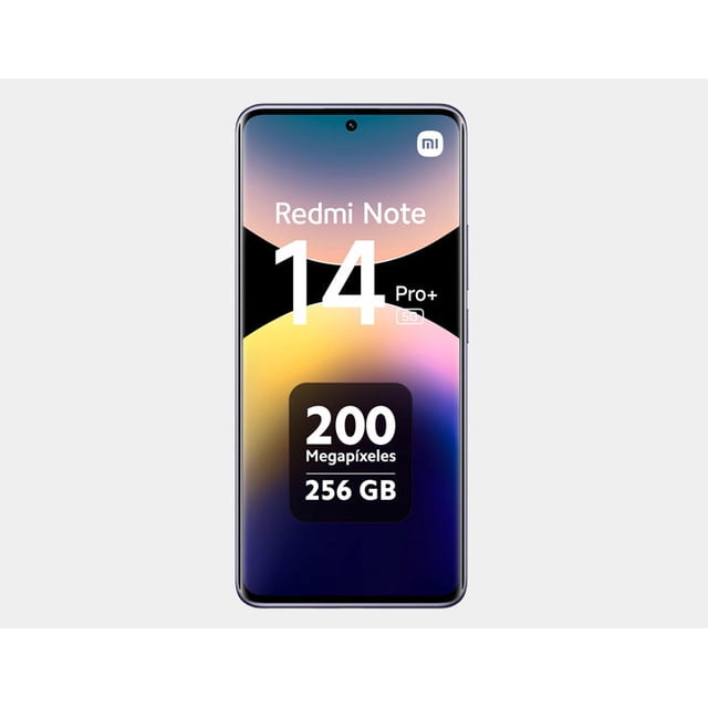 xiaomi redmi note 14 pro plus 5g 256gb rom 8gb ram dual sim gsm unlocked - lavender purple front-facing studio view of the lavender purple celular desbloqueado with a 6.67" curved display, centered punch-hole selfie camera, slim bezels and rounded corners; screen overlay reads 'Redmi Note 14 Pro+' and a badge showing '200 Megapixeles 256 GB'.