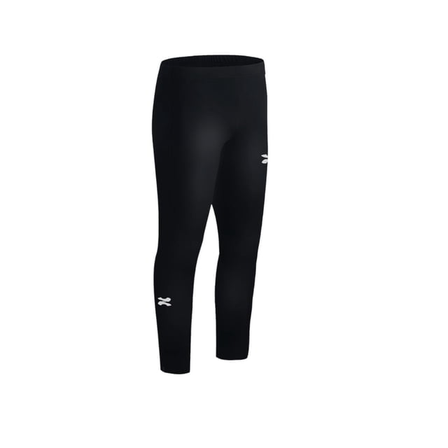 zapari licra deportiva larga interior, mallas deportivas para niños. leggins de compresión y secado negro m Leggins negros talla M, vista frontal 3/4 con silueta ajustada y pretina elástica; compresión justa y secado rápido según especificaciones; marcados blancos en pierna; fondo blanco; ideal para entrenamiento y como ropa interior deportiva.