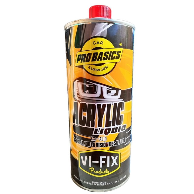 acrylic liquid probasics polimero liquido alta resistencia vaporizador de faros 1 litro envase cilíndrico frontal con etiqueta amarilla y negra y tapa roja; marca ProBasics y texto 'Acrylic Liquid', indica restaurar faros por vaporización, eliminar arañazos ligeros a medianos y devolver claridad; capacidad 1 lt; también apto para renovaciones de pequeñas piezas plásticas del sistema de iluminación.