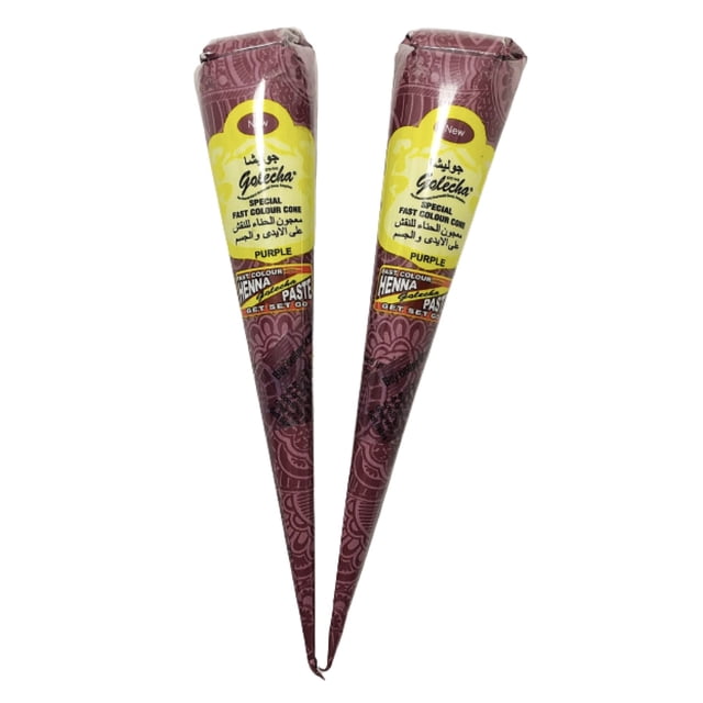 henna natural golecha para tatuajes temporales 2 conos delineador mehndi colores a escoger Morado — dos conos cónicos 15x2cm con empaque morado estampado y etiqueta amarilla Golecha; henna 100% vegetal, Halal Certified, hecha en India, juego de 2 de +/-25g c/u para crear diseños mehndi y delineados temporales; también adecuada para accesorios de disfraces y uso en fiestas.