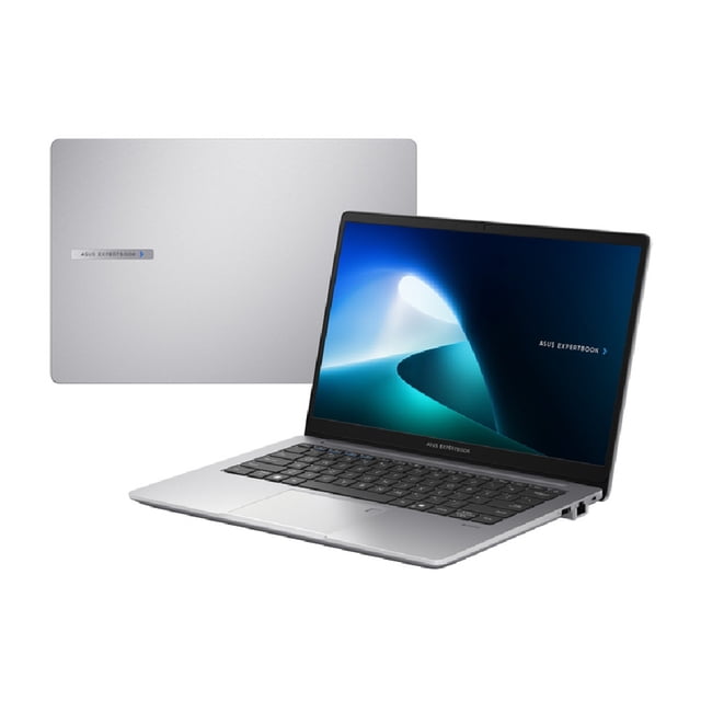 laptop asus expertbook p1, 14", Intel Core i5-13420H, 8GB DDR5, 512GB SSD, Windows 11 Pro, español. Vista 3/4 frontal de la laptop plateada abierta con pantalla 14" FHD encendida, teclado en español y panel táctil visible; carcasa trasera plateada con placa ASUS ExpertBook. También suele usarse para tareas de oficina y trabajo móvil.