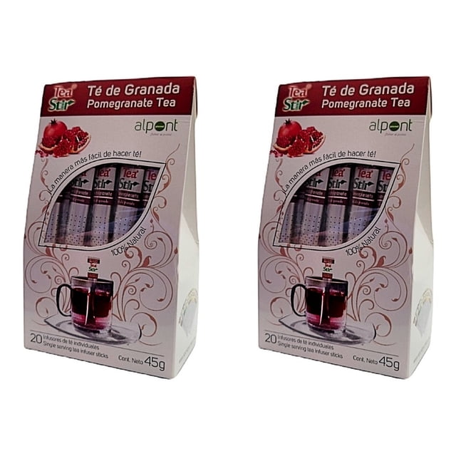 alpont té stir té de granada 20 piezas 2 paquetes caja frontal con ventana que muestra sticks individuales para preparar té de granada, empaque blanco con detalles granate y logo Alpont, ilustración de taza y contenido neto 45 g. Adecuado para preparar en infusor o vaso.