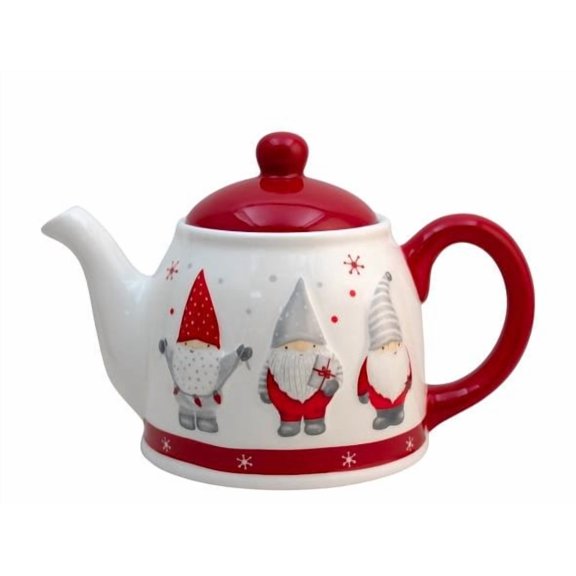 Tetera Cerámica con Tapa, Diseño Gnomos Navideños Relieve 2D, Capacidad 800 ml, Color Blanco y Rojo