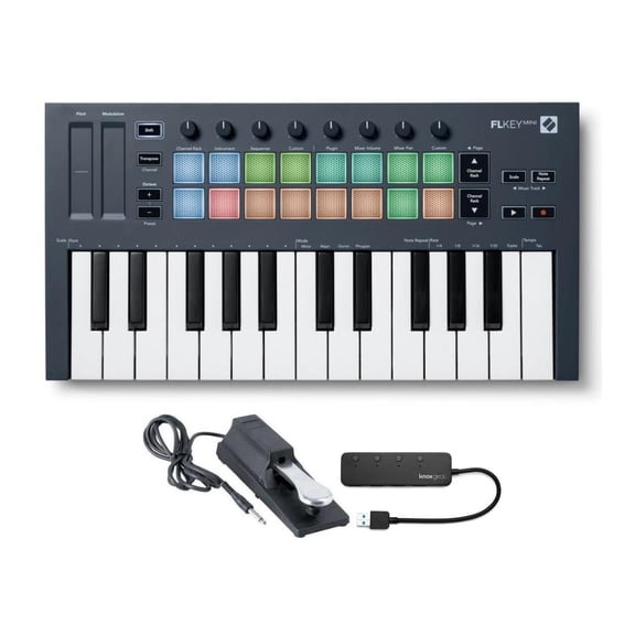 Novation FLkey Mini driver de teclado MIDI de 25 teclas para FL Studio Bundle con pedal de sustain y