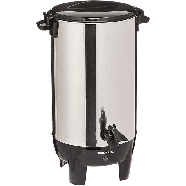 cafetera percoladora taurus para 40 tazas con filtro reutilizable columba percoladora de acero inoxidable plateada con base y tapa negras; vista frontal centrada, cuerpo cilíndrico alto con asas, grifo plástico para servir y patas elevadas con logo Taurus visible; filtro permanente extraíble y nivel de llenado graduado, adecuada para reuniones y eventos.