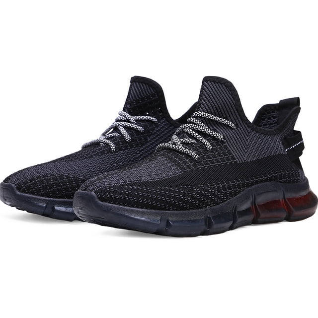 tenis hombre, zapatos hombre deportivos, zapatos de malla transpirable para hombre, zapatillas de deporte casuales de moda para entrenamiento caminar correr gimnasio Negro Shendy Vendy — vista 3/4 frontal de par de tenis negros de malla transpirable con cordones bicolor, suela negra flexible y antideslizante, lengüeta baja y tira de talón; diseño liviano y acolchado visible, apto para caminar, correr y gimnasio; fondo blanco; también suelen usarse para viajes y entrenamiento diario.