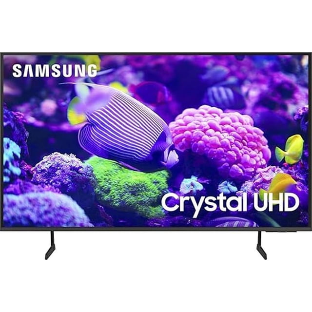 samsung smart tv 50" 4k uhd pantalla led A centered, front-facing 50" Samsung Smart TV with slim black bezel and twin V-shaped metal legs showing a vivid underwater coral and fish scene; 'Samsung' logo at top-left and 'Crystal UHD' branding on screen. Ideal para sala de entretenimiento y a menudo usado para streaming de películas y series.