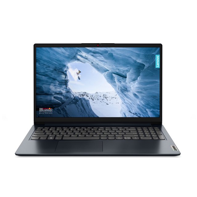 laptop lenovo ideapad 1i (82qd00hmus) 15.6 pulgadas i5-1235u 8gb 512gb ssd w11s azul, vista frontal centrada con pantalla táctil IPS FHD de 15.6" y marco ultrafino; teclado y panel táctil visibles, cámara 720p en el bisel superior, chasis azul con etiqueta Lenovo. Especificaciones clave en ficha: Intel Core i5-1235U, 8 GB RAM, 512 GB SSD, Windows 11 Home en modo S. Suele utilizarse para trabajo remoto y presentaciones por su formato portátil.
