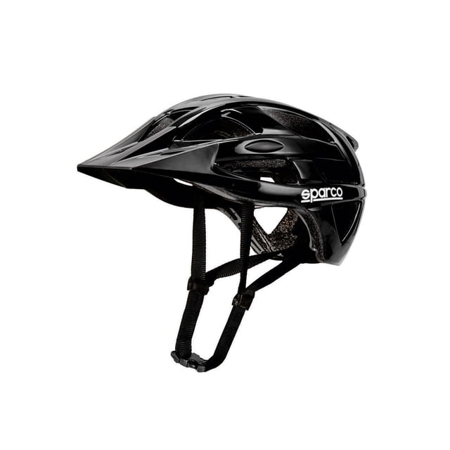 sparco casco ligero aerodinámico para bici y scooter se300bk normativa ce casco Sparco SE300BK negro, vista 3/4 lateral con visera corta; carcasa de policarbonato brillante y 21 ventilaciones visibles, núcleo de poliestireno expandido, correas negras ajustables con hebilla y logo Sparco blanco en el lateral; talla ajustable 53–61 cm, certificado CE/EN1078. También suele usarse para patinaje urbano y scooters recreativos.