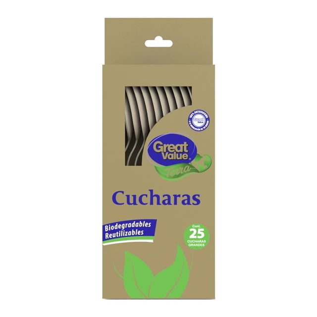 Cucharas Great Value terra biodegradables grandes color beige 25 pzas
