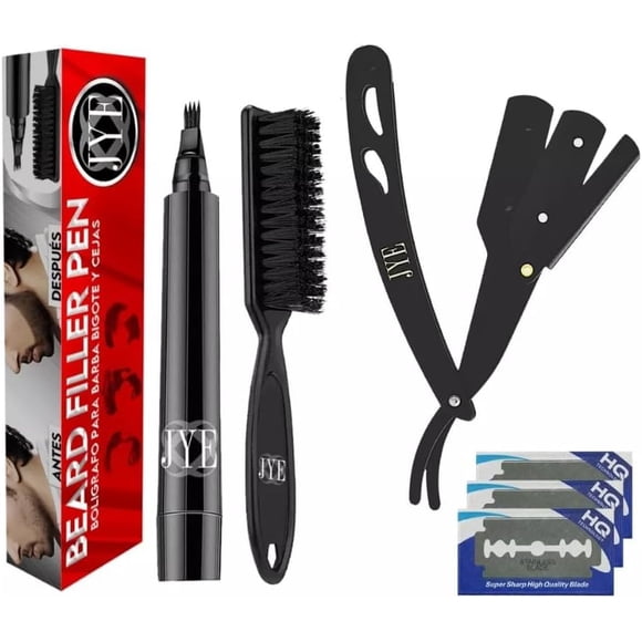 Pluma de relleno JYE Boligrafo para rellenar barba + Porta Navaja Barber. Bolígrafo tinta negra a prueba de agua y de larga duración, incluye cepillo. Fácil de aplicar. Kit que incluye Porta Navaja