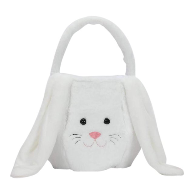 xihbxyly cesta de pascua personalizada con forma de conejito blanco, vista frontal centrada de cesta blanda y esponjosa tipo peluche con asa acolchada, orejas largas colgantes, cara bordada con nariz rosa y ojos negros, gran capacidad para huevos y dulces, fondo blanco.