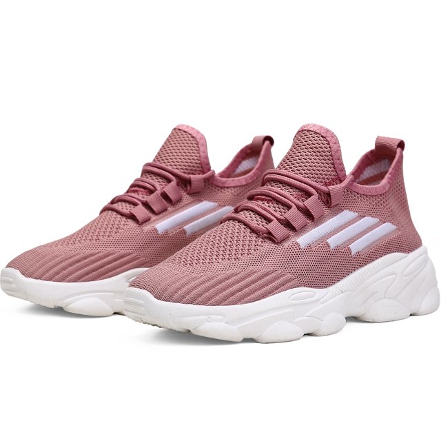 tenis mujer, zapatos mujer deportivos, zapatos de malla transpirable para mujer, zapatillas de deporte casuales de moda para entrenamiento caminar correr gimnasio Rosa Shendy Vendy — vista 3/4 frontal de par de tenis rosa con malla tejida transpirable, cordones elásticos, lengüeta acolchada y tres franjas blancas en el costado; entresuela blanca gruesa y suela antideslizante con dibujo de tracción, diseño liviano adecuado para caminar, correr y gimnasio; también suelen usarse para viajar o actividades casuales.