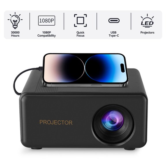 Proyector de techo portátil HD 1080P para el hogar y el dormitorio. Proyección en la pared. Conectividad multidispositivo.