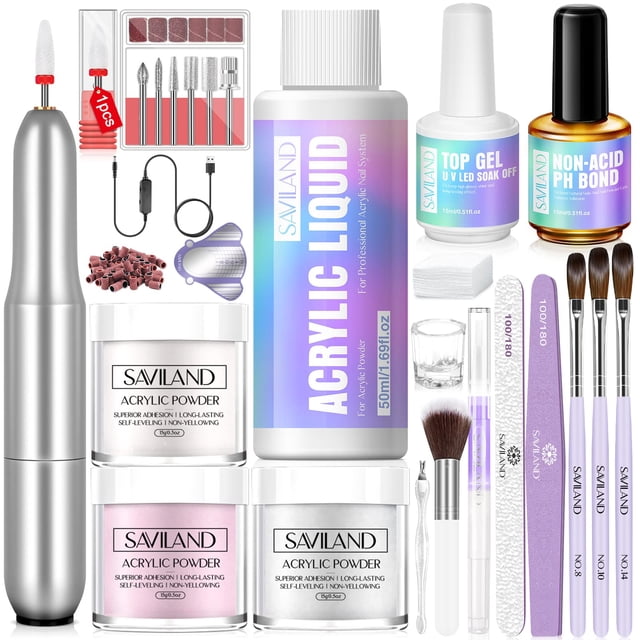 kit de uñas acrílicas saviland con taladro professional de 15 ml Kit con taladro eléctrico plateado, botella de monómero (15 ml), botes de polvo acrílico transparente/rosa/blanco (0.53 oz), pinceles acrílicos tamaños 8/10/14, 100 formas de uñas, plato dappen de vidrio, lima, pulidor y accesorios de limado; composición frontal sobre fondo blanco. Suele usarse también como set de práctica para aprender técnicas de uñas en casa.