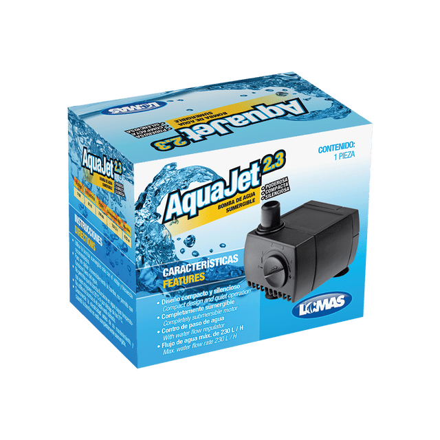 bomba p/fuente aquajet 2.3 lomas 2.3 Caja frontal que muestra la bomba sumergible negra Lomas en vista en ángulo 3/4; carcasa rectangular compacta, boquilla superior con control del paso de agua y rejilla frontal de entrada; embalaje indica flujo máximo 230 L/h y potencia 2 W; diseñada para fuentes decorativas pequeñas y de mesa, también adecuada para fuentes de interior pequeñas.