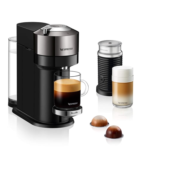 Cafetera y espresso Nespresso Vertuo Next Deluxe, cromo puro con espumador de leche Aeroccino, 1,1 litros, negro, cromo oscuro